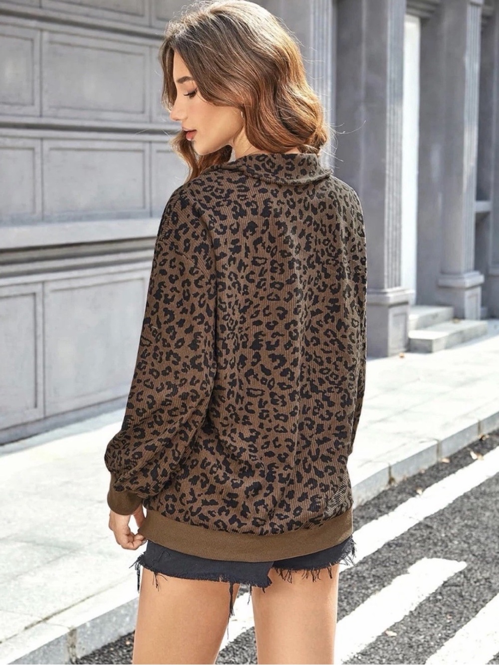 Women's Brown Leopard Print V-Neck Pullover Sweater - Picture 3 of 7
